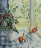 Jean Appleton, Fruit and Flower Arrangement with View to Garden, 1994, Oil on Canvas on Board