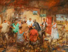 Hugh Sawrey, Putting the Bite on the Publican (Kogan Creek Hotel, S.W. QLD), Oil on Canvas