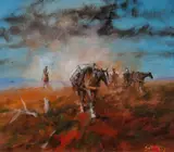 The Pack - Horse Mail, W. QLD by Hugh Sawrey, Oil on Canvas on Board, sold May 2022