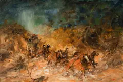 Hugh Sawrey, Fording the Rising Dogwood (Cobb & Co. Series, Roma - Condamine Road QLD), Oil on Canvas