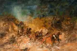 Fording the Rising Dogwood (Cobb & Co. Series, Roma - Condamine Road QLD) by Hugh Sawrey, Oil on Canvas, sold May 2022