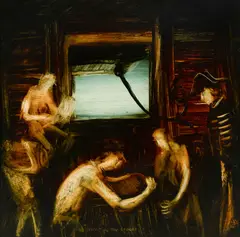 Inspecting the Stores by Pro Hart, Oil on Board, sold May 2022