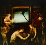 Inspecting the Stores by Pro Hart, Oil on Board, sold May 2022