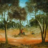 Pro Hart, Man Sitting Under a Tree, with Dog, Oil on Board