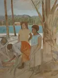 Women with Net - Fiji by Ray Crooke, Oil & Charcoal on Canvas, sold May 2022