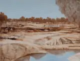 Horses and Figure at Waterhole, Queensland by Ray Crooke, Oil on Canvas on Board, sold May 2022