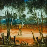 Pro Hart, Man Carrying Wood, Oil on Board