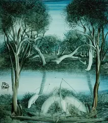 Waterbirds by Pro Hart, Oil on Board, sold May 2022