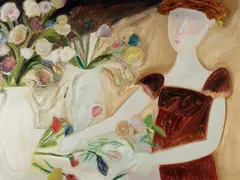 Geoffrey Proud, Girl Arranging Flowers, Oil on Canvas