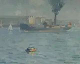 Robert Richmond Campbell, The Finger Wharves, Sydney Harbour, Oil on Board