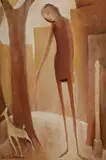 Bill Coleman, Woman Walking Her Dog, Oil on Board