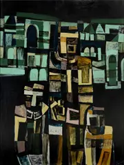 Abstract Figures in a Cityscape by Jan Senbergs, 1960s, Enamel on Board, sold May 2022