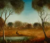 Preparing Yabbie Nets by Pro Hart, Oil on Board, sold May 2022