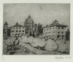 Tuscan Town (From Memories of Europe) by Lloyd Rees, 1976, Soft Ground Etching 40/90, sold May 2022