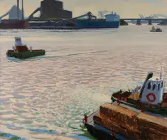Ian Chapman, Morning Lighterage, Glebe Island, Acrylic on Ply