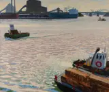 Ian Chapman, Morning Lighterage, Glebe Island, Acrylic on Ply