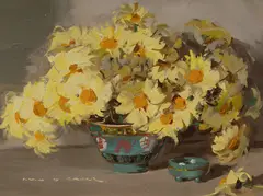 Golden Marguerites in Chinese Bowl by Alan Douglas Baker, Oil on Board, sold May 2022