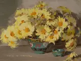 Alan Douglas Baker, Golden Marguerites in Chinese Bowl, Oil on Board