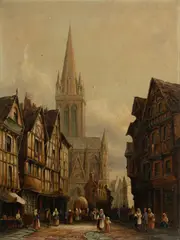 Henri Schafer, European Streetscape with Cathedral, Oil on Canvas
