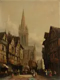 Henri Schafer, European Streetscape with Cathedral, Oil on Canvas