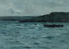 Fred Milner, Coastal Scene with Moored Boats, Oil on Panel