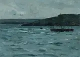 Fred Milner, Coastal Scene with Moored Boats, Oil on Panel