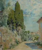 Jane Emmet de Glehn, Dusty Cypresses, Oil on Board