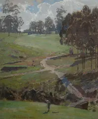 Percy Lindsay, A Morning Twosome, Pymble Links, 1931, Oil on Board