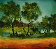 Bush Camp with Motorcycles by Pro Hart, 1977, Oil on Board, sold Mar 2022