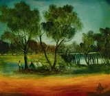 Bush Camp with Motorcycles by Pro Hart, 1977, Oil on Board, sold Mar 2022