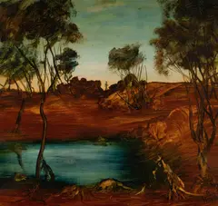 Pro Hart, Death by a Waterhole, Oil on Board