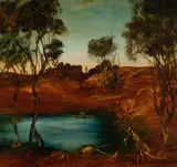Pro Hart, Death by a Waterhole, Oil on Board