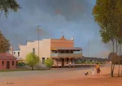 Country Town with Girl and Her Dog by Ric Elliot, Oil on Board, sold Mar 2022