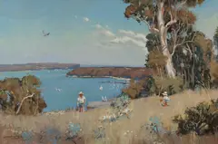 David Spencer Couper, Children Playing, View to Sydney Heads, Oil on Canvas on Board