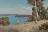 David Spencer Couper, Children Playing, View to Sydney Heads, Oil on Canvas on Board
