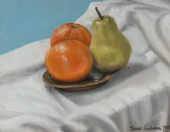 James Cochran, Oranges & Pear, 1999, Oil on Canvas Board