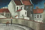 Hermann Bruck, Town View with Cat & Two Figures, Oil on Board