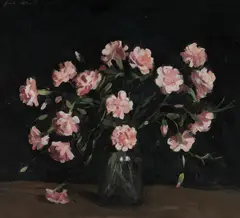 June Hobart, Pink Carnations in Glass Jar, Oil on Canvas on Board