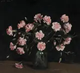 June Hobart, Pink Carnations in Glass Jar, Oil on Canvas on Board