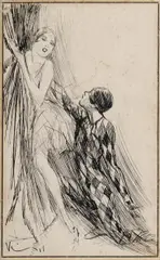 Theatrical Scene by Virgil Reilly, Pen & Ink, sold Mar 2022