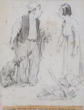 I wouldn't mind doin' a bit more, missus, but me dorg's anxious to get away by Norman Lindsay, Pencil, sold Mar 2022