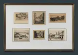 Lionel Lindsay, (6), Six Original Etchings framed together. From upper left: 'Hyde Park Corner,' 1913, 45/50 (12x16.5cm); 'Last of Old Hunter St,' 1916, 10/50 (15.5x14.5cm); 'Demolition of Girls High School,' 1924, 14/75 (9x20cm); 'Milsons Pt,' c.1925, hand printed in hack (?); 'Old Essex St,' print E25 (9.5x13cm); & Elizabeth St, Sydney, 10/75 (13.5x21cm), All hand signed in pencil. Etching (6)
