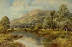 Charles Leader, River Landscape with Couple Fishing, Oil on Canvas