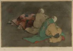 Elyse Lord, Three Figures at Prayer, Hand Coloured Etching 14/100