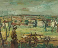 Raymond Thialier, Woman with Market Barrow & Trestle Tables in a French Landscape, Oil on Board