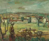 Raymond Thialier, Woman with Market Barrow & Trestle Tables in a French Landscape, Oil on Board