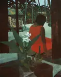 Island Scene - View from Interior, Woman in Red Dress by Ray Crooke, Oil on Linen on Board, sold Dec 2021