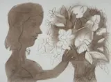 Charles Blackman, Girl with Bouquet of Flowers, Pastel