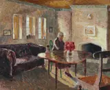Roland Wakelin, Interior with Woman at Table, 1940, Oil on Canvas on Board
