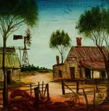 Outback Property with Windmill by Pro Hart, Oil on Canvas on Board, sold Dec 2021